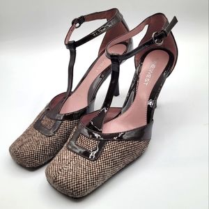 NINE WEST Black Leather Tweed Fabric T-strap Herringbone Heels Shoes Size 8